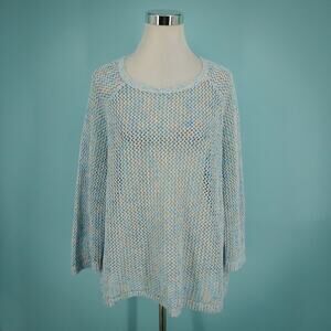 Chico's 3 Size XL Blue Marl Open Knit Scoop Crew Neck Long Sleeve Sweater